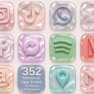 May include: A collection of twelve square app icons featuring a glossy, iridescent finish with a ribbon-like texture. The icons display various social media and utility logos, including Instagram, TikTok, WhatsApp, YouTube, Facebook, Messenger, Spotify, Netflix, Amazon, Maps, and Gmail, with one icon labelled 352 Ribbon v2 App Icons 10 Bonus Wallpapers.
