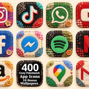 May include: A collection of twelve square app icons featuring a patchwork fabric texture with visible stitching and small buttons. The icons represent various social media and utility platforms, with one square displaying the text 400 Cozy Patchwork App Icons 10 Bonus Wallpapers.