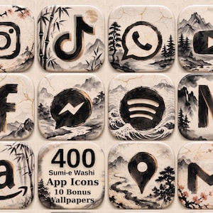 May include: A collection of twelve square app icons featuring black ink brush-style logos set against cream-coloured backgrounds with traditional landscape illustrations, including bamboo, mountains, and cherry blossoms, plus text reading 400 Sumi-e Washi App Icons 10 Bonus Wallpapers.