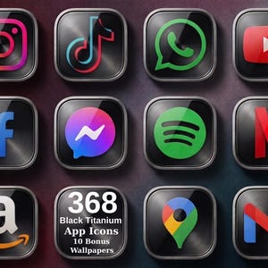 Puede incluir: Una colección de 368 iconos de aplicaciones en titanio negro con varios logotipos de redes sociales y utilidades, incluyendo Instagram, TikTok, WhatsApp, YouTube, Facebook, Messenger, Spotify, Netflix, Amazon, Google Maps y Gmail, con 10 fondos de pantalla.