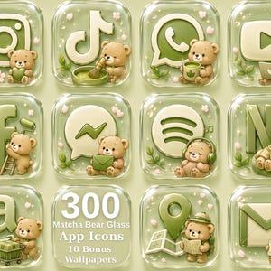 May include: A collection of 300 app icons and 10 bonus wallpapers featuring a matcha green and cream color palette. Each square icon displays a social media or utility logo accompanied by a small brown teddy bear in various activities.