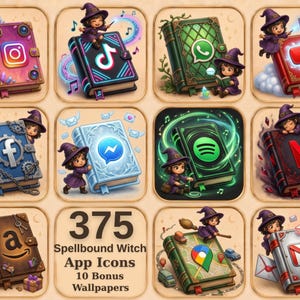 Może przedstawiać: Zestaw 375 ikon aplikacji Spellbound Witch oraz 10 dodatkowych tapet z różnymi logotypami aplikacji zaprojektowanymi jako magiczne, zdobione księgi. Każda ikona zawiera postać małej czarownicy w fioletowym kapeluszu i szacie.
