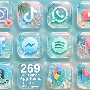 Icone per app Blue Lagoon Glass, tema per la schermata iniziale di iPhone, 269 icone per iOS e Android (download digitale)