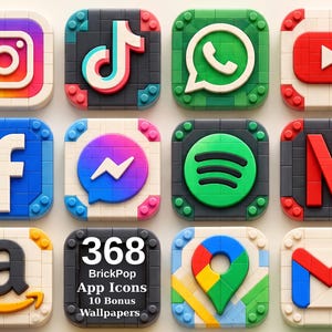 Puede incluir: Una colección de doce iconos de aplicaciones cuadrados construidos con bloques de plástico entrelazados. Los iconos representan plataformas populares como Instagram, TikTok, WhatsApp, YouTube, Facebook, Messenger, Spotify, Netflix, Amazon, Google Maps y Gmail. Un icono muestra el texto 368 BrickPop App Icons 10 Bonus Wallpapers.