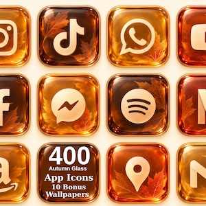 May include: A set of twelve square app icons with rounded corners, featuring a glossy amber glass effect over a background of fallen autumn leaves. Each icon displays a white social media or utility logo, with one icon showing the text 400 Autumn Glass App Icons 10 Bonus Wallpapers.