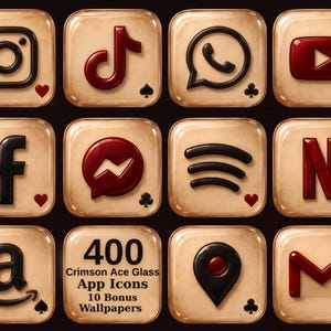 Può includere: Una collezione di dodici icone quadrate per app con uno sfondo color crema lucido e una texture vintage. Ogni icona mostra un logo di social media o utilità in rosso scuro o nero, accentuato da un piccolo simbolo di seme di carta.