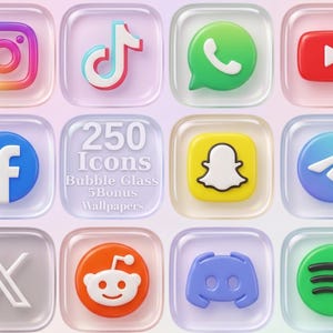 May include: A collection of 250 bubble glass social media icons featuring a 3D aesthetic with rounded edges. The set includes logos for Instagram, TikTok, WhatsApp, YouTube, Facebook, Snapchat, Telegram, X, Reddit, Discord, and Spotify.