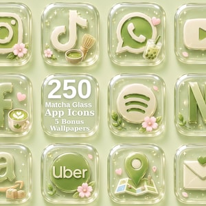 May include: A collection of 250 matcha glass app icons featuring a light green color palette with translucent glass effects, floral accents, and small decorative elements like matcha tea, boba drinks, and pink blossoms on square rounded tiles.