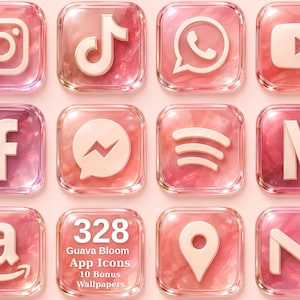 Könnte beinhalten: Eine Sammlung von zwölf quadratischen App-Symbolen mit einer glänzenden, rosa marmorierten Textur und erhabenen, hellen Social-Media- und Utility-Logos. Ein Symbol zeigt den weißen Text 328 Guava Bloom App Icons 10 Bonus Wallpapers.