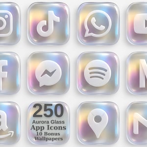May include: A collection of twelve square app icons featuring a translucent, iridescent glass effect with white social media and utility logos. One icon displays the text 250 Aurora Glass App Icons 10 Bonus Wallpapers in dark gray lettering.