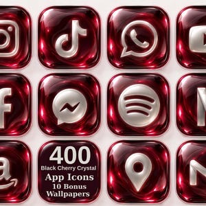 Può includere: Una collezione di dodici icone quadrate per app con una finitura in cristallo color ciliegia scuro lucido e loghi in metallo argentato in rilievo per social media e utilità. Un'icona mostra il testo 400 Black Cherry Crystal App Icons 10 Bonus Wallpapers.