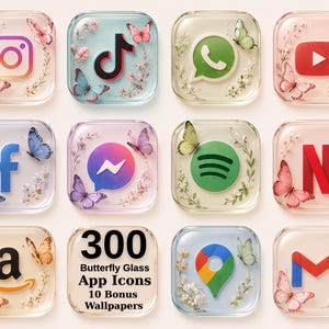 Könnte beinhalten: Eine Sammlung von zwölf quadratischen App-Symbolen mit Glasoptik, die jeweils mit zarten Blumenranken und bunten Schmetterlingen verziert sind. Die Symbole zeigen verschiedene Plattformen, wobei ein Quadrat den Text 300 Butterfly Glass App Icons 10 Bonus Wallpapers enthält.