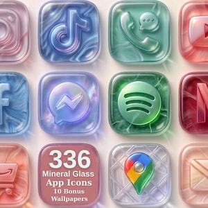 Puede incluir: Una colección de doce iconos de aplicaciones cuadrados con una textura de vidrio mineral translúcido. Los iconos presentan varios símbolos de redes sociales y utilidades en tonos rosa, azul, verde y rojo. Un icono muestra el texto 336 Mineral Glass App Icons 10 Bonus Wallpapers.