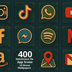 Könnte beinhalten: Eine Sammlung quadratischer App-Icons mit dunkelgrünem, texturiertem Hintergrund und Akzenten in Orange, Rot und Gelb. Die Icons zeigen verschiedene soziale Medien und Dienstprogramme. Der Text lautet: 400 RetroGroove 70s App Icons 10 Bonus Wallpapers.