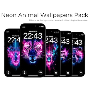 May include: A pack of iPhone 4K wallpapers featuring neon animal designs. The wallpapers display a tiger, deer, and bear in vibrant pink, blue, and purple hues against a black background. The time is displayed on each phone.