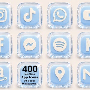 May include: A collection of square app icons featuring a light blue center with a white logo and a clear, glass-like border. One icon displays the text 400 Ice Glass App Icons 10 Bonus Wallpapers. The icons represent various social media and utility platforms.