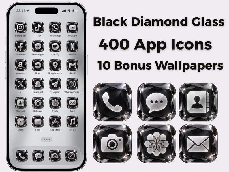 Black Diamond Glass 400 Icons, 10 Wallpapers (digital Download) - Etsy
