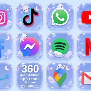 May include: A collection of 360 app icons featuring a light blue sky background with clouds, stars, and a crescent moon. Each icon is encased in a glossy, rounded square frame and decorated with small white ghosts interacting with social media logos.