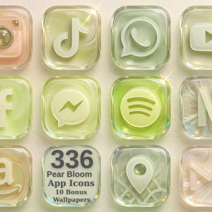 May include: A collection of twelve square app icons with a glossy, translucent finish in shades of pale green, cream, and soft peach. The icons feature various social media and utility logos, with one central icon displaying the text 336 Pear Bloom App Icons 10 Bonus Wallpapers.