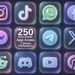 Può includere: Una collezione di 250 icone per app in tonalità pastello scuro con effetto vetro smerigliato, che include loghi di social media come Instagram, TikTok, WhatsApp, Facebook, Messenger, Telegram, X, Reddit, Discord, YouTube e Pinterest, più 5 sfondi bonus.