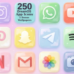 Può includere: Una collezione di 250 icone per app DreamOS e 5 sfondi bonus con una tavolozza di colori pastello. Le icone quadrate hanno angoli arrotondati e una finitura 3D lucida, che mostra vari loghi di social media e utilità in tonalità tenui.