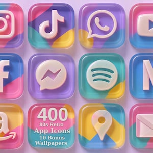 Può includere: Un set di dodici icone quadrate per app con una finitura lucida in 3D. Ogni icona presenta uno sfondo astratto colorato in rosa, blu e giallo. Le icone mostrano vari loghi di social media e utilità in bianco, con un'icona che riporta il testo 400 80s Retro App Icons 10 Bonus Wallpapers.