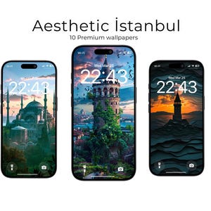 Op de afbeelding: Drie smartphones met Istanbul-thema wallpapers. De schermen tonen afbeeldingen van moskeeën, de Galatatoren en een zonsondergang. De tekst "Aesthetic İstanbul" en "10 Premium wallpapers" staat bovenaan.