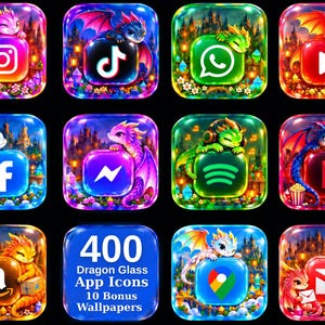 May include: A collection of twelve square app icons featuring colorful dragons and fantasy landscapes. The icons display logos for Instagram, TikTok, WhatsApp, YouTube, Facebook, Messenger, Spotify, Netflix, Amazon, Google Maps, and Gmail.