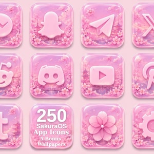 May include: A set of 12 pink app icons with a cherry blossom design. Each icon displays a different app logo, including Facebook Messenger, Snapchat, and YouTube, set against a pink and purple landscape with cherry blossoms. The set includes 250 SakuraOS App Icons and 5 Bonus Wallpapers.