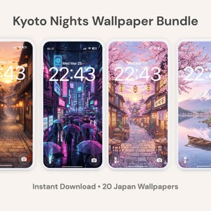 May include: A bundle of four phone wallpapers featuring Japanese scenes. The wallpapers depict cityscapes, cherry blossoms, and a mountain landscape. The text "Kyoto Nights Wallpaper Bundle" and "Instant Download • 20 Japan Wallpapers" are visible.