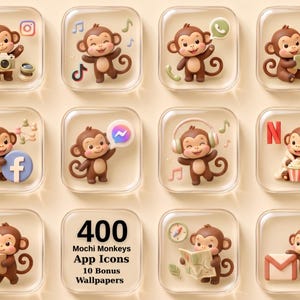 Könnte beinhalten: Eine Sammlung von zwölf quadratischen App-Symbolen mit 3D-braunen Affen in verschiedenen Posen mit Social-Media- und Utility-Symbolen. Ein zentrales Symbol zeigt den Text 400 Mochi Monkeys App Icons 10 Bonus Wallpapers. Die Symbole haben ein glänzendes, durchscheinendes Finish mit abgerundeten Ecken und einem hellbeigen Hintergrund.
