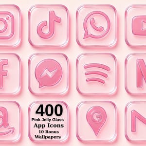 Op de afbeelding: Een verzameling roze jelly glass app-iconen met diverse social media en utility logo's. De set bevat 400 iconen en 10 bonus wallpapers, met de tekst 400 Pink Jelly Glass App Icons 10 Bonus Wallpapers op een van de vierkante iconen.