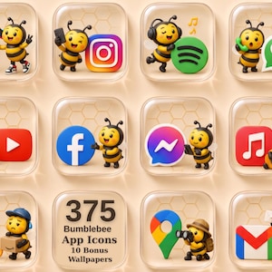 May include: A collection of 375 digital app icons featuring 3D bumblebee characters interacting with various social media and utility logos. The icons are set in translucent squares with a honeycomb pattern, including text reading 375 Bumblebee App Icons.