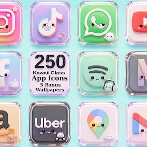 May include: A collection of 250 kawaii glass app icons featuring pastel colors and cute faces. The icons include popular social media and utility logos like Instagram, TikTok, WhatsApp, YouTube, Facebook, Spotify, Netflix, Amazon, Uber, Maps, and Gmail.