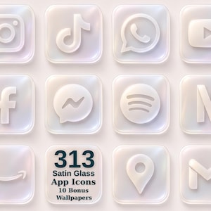 May include: A collection of twelve square app icons featuring a frosted satin glass effect. The icons display various social media and utility logos in a soft white finish. One square contains the text 313 Satin Glass App Icons 10 Bonus Wallpapers.