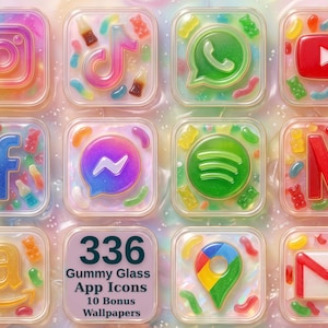 May include: A collection of twelve square app icons featuring a translucent gummy candy aesthetic with embedded colourful jelly sweets. The icons include Instagram, TikTok, WhatsApp, YouTube, Facebook, Messenger, Spotify, Netflix, Amazon, Google Maps, and Gmail.