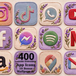 Puede incluir: Un conjunto de doce iconos de aplicaciones cuadrados con ramas de lavanda y flores bordadas sobre fondos pastel. Los iconos incluyen símbolos para Instagram, TikTok, WhatsApp, YouTube, Facebook, Messenger, Spotify, Netflix, Amazon, Maps y Gmail.