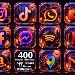 Può includere: Una collezione di dodici icone quadrate per app a tema Halloween con colori arancioni e viola luminosi. Le icone mostrano vari loghi di social media su uno sfondo scuro con zucche, pipistrelli e candele. Il testo recita 400 Pumpkin Patch Night App Icons 10 Bonus Wallpapers.