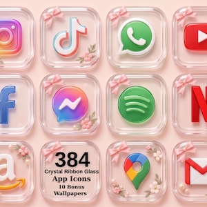 Puede incluir: Una colección de 384 iconos de aplicaciones digitales con un marco cuadrado de cristal adornado con un lazo de cinta rosa y pequeñas flores blancas. Los iconos representan varias plataformas sociales y de utilidad, incluyendo Instagram, TikTok, WhatsApp, YouTube, Facebook, Messenger, Spotify, Netflix, Amazon, Google Maps y Gmail.