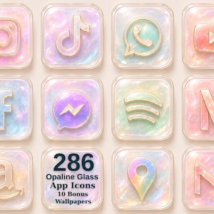 May include: A collection of square app icons featuring an opaline glass texture with iridescent pink, blue, and gold hues. Each icon has a gold border and raised gold symbols for various social media and utility apps, including text reading 286 Opaline Glass App Icons 10 Bonus Wallpapers.