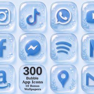 Könnte beinhalten: Eine Sammlung von zwölf quadratischen App-Symbolen mit einem glänzenden, durchscheinenden Blaseneffekt und blau-weißen Logos. Jedes Symbol enthält dezente Blattmuster und Wassertropfen. Der Text lautet 300 Bubble App Icons 10 Bonus Wallpapers.