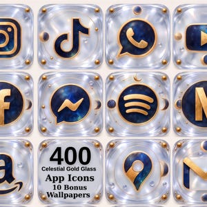 Puede incluir: Una colección de iconos de aplicaciones cuadrados con temática celestial, símbolos dorados sobre un fondo de nebulosa azul oscuro, encerrados en un marco de cristal transparente con detalles dorados. El texto dice 400 Celestial Gold Glass App Icons.