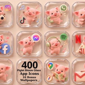 Könnte beinhalten: Eine Sammlung digitaler App-Icons mit 3D-rosa Ferkeln in Glasquadraten, die verschiedene Logos zeigen, mit dem Text 400 Piglet Bloom Glass App Icons 10 Bonus Wallpapers auf einem zentralen Quadrat.