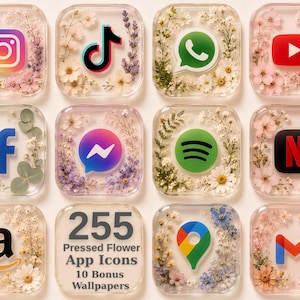 May include: A set of twelve square resin tiles featuring various social media and app logos, each encased with delicate pressed flowers. One tile displays the text 255 Pressed Flower App Icons 10 Bonus Wallpapers in a clear, bold font.