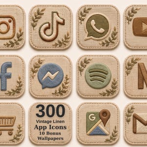 Könnte beinhalten: Ein Set aus zwölf quadratischen App-Symbolen mit gestickten Social-Media- und Utility-Logos auf einem strukturierten beigen Leinenhintergrund. Jedes Symbol ist von gestickten Blattzweigen umrahmt. Ein Symbol zeigt den Text 300 Vintage Linen App Icons 10 Bonus Wallpapers.