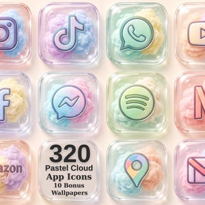 Pode incluir: Uma coleção de ícones de aplicativos quadrados com fundos de nuvens em tons pastel, envoltos em molduras de vidro transparente. Os ícones exibem logotipos do Instagram, TikTok, WhatsApp, YouTube, Facebook, Messenger, Spotify, Netflix, Amazon, Maps e Gmail.