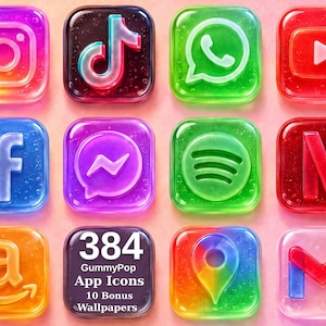 May include: A collection of twelve square app icons with a translucent, gummy-like texture and glossy finish. The icons feature various social media and service logos in vibrant colours. One icon displays the text 384 GummyPop App Icons 10 Bonus Wallpapers.