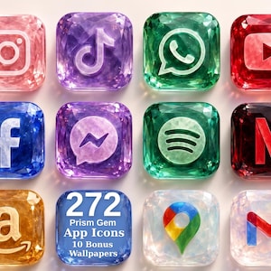 Könnte beinhalten: Eine Sammlung von zwölf quadratischen App-Symbolen, die mit einer facettierten Edelsteinstruktur in verschiedenen Farben gestaltet sind. Die Symbole zeigen Logos für Instagram, TikTok, WhatsApp, YouTube, Facebook, Messenger, Spotify, Netflix, Amazon, Google Maps und Gmail.