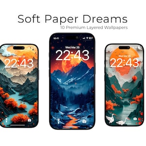 Könnte beinhalten: Drei Smartphones mit Landschaftstapeten. Der Text "Soft Paper Dreams" und "10 Premium Layered Wallpapers" stehen oben. Jedes Telefon zeigt eine andere Naturszene mit Bergen, Wasser und orangefarbenem Laub. Die Uhrzeit wird als 22:43 angezeigt.
