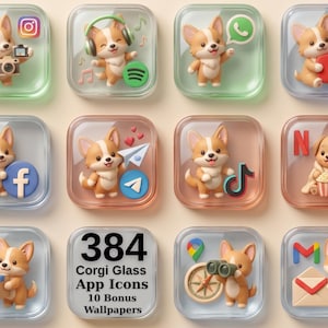 May include: A collection of 384 digital app icons featuring 3D cartoon corgis in glass-style squares. The icons represent various social media and utility platforms, including Instagram, Spotify, WhatsApp, YouTube, Facebook, Telegram, TikTok, Netflix, Amazon, Maps, and Gmail.